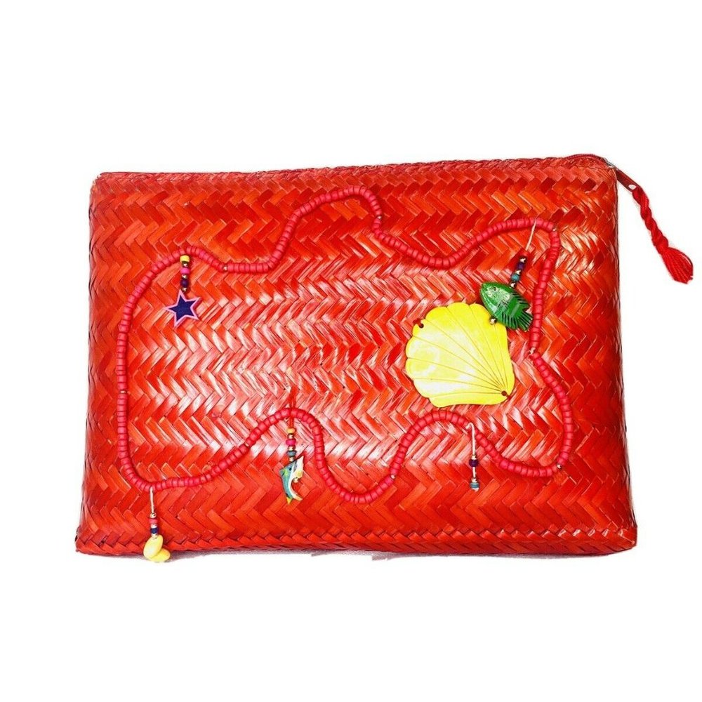 Artisan Straw CLUTCH Bag Crafted In Philippines 3D Flowers Beach Unique Large